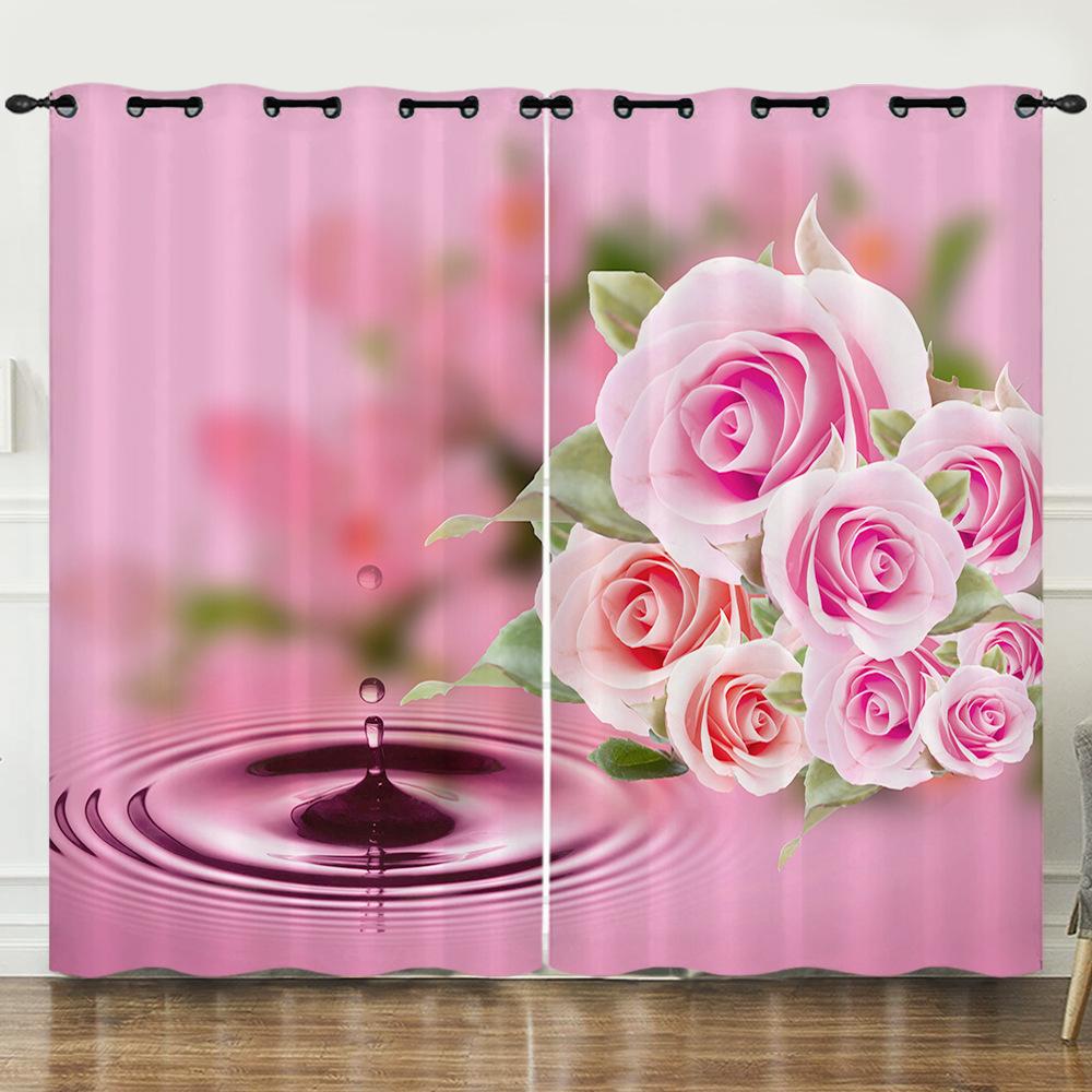 Curtain Flower Rose Simple 3D Digital Printing Blackout Curtain Punching