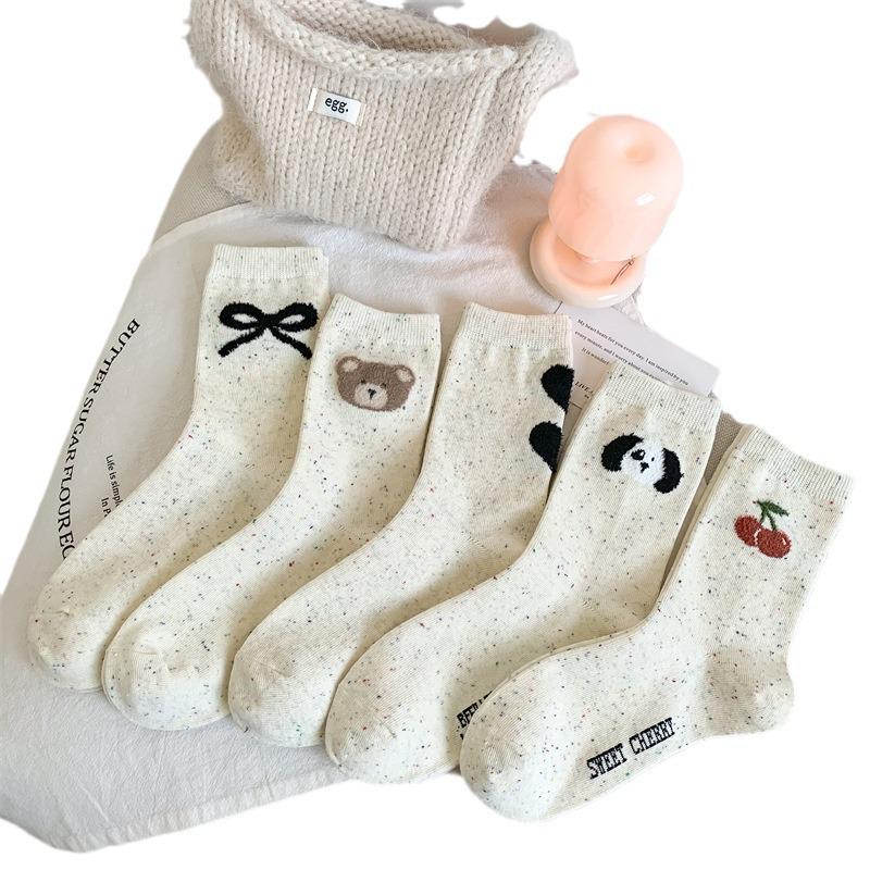 Women's Cute Bowknot Dot Tulle Socks - Mid-Calf, Korean Cartoon Bear, Japanese Color Dots