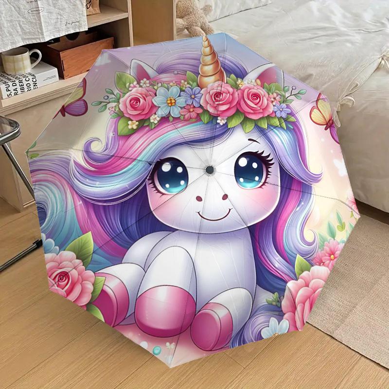1PC Unicorn Flowers Umbrella-8-Rib Reinforced Portable Folding Travel Suitable for All Seasons Outdoor Daily Use-G384