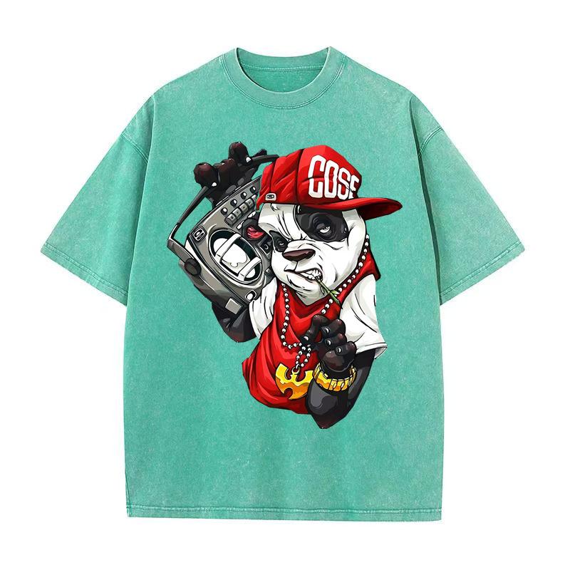 PAmerický retro vzor Hip Hop Medvěd Potisk Tričko Prané Bavlna Krátký Rukáv Letní Streetwear Vintage Unisex Top