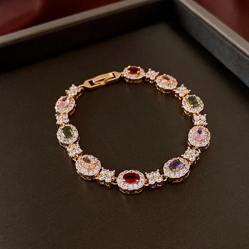 Bracelet à boucle ovale en zircon plaqué or 18 carats - Bijoux de luxe rétro européens et américains