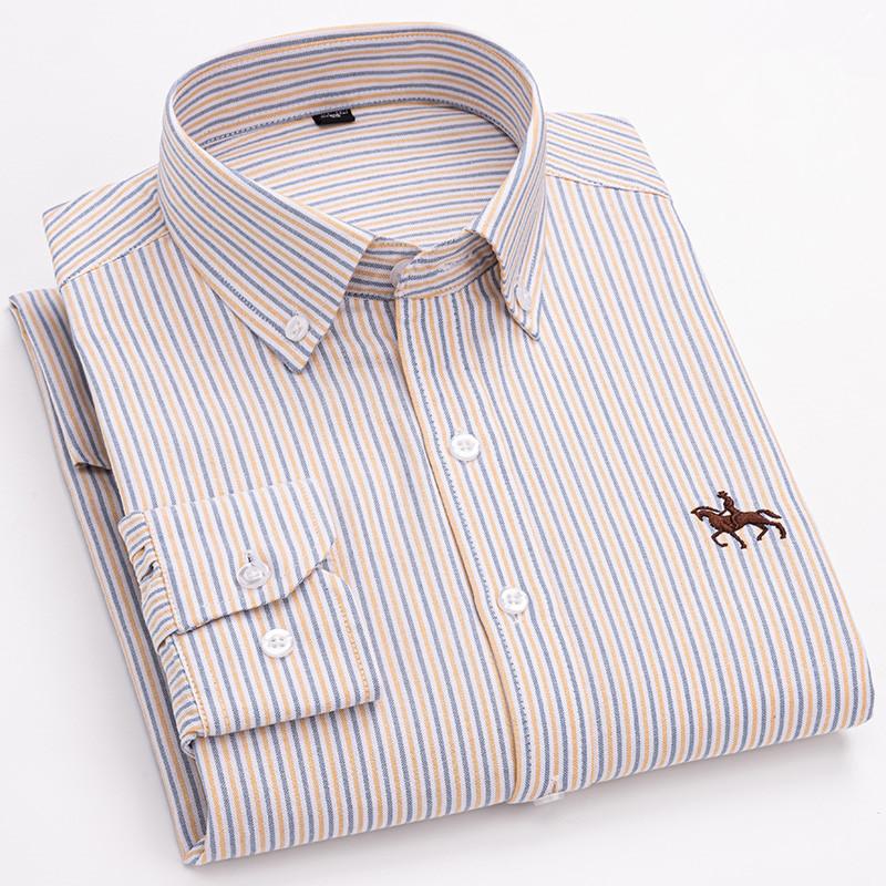 Basic Oxford Dress Shirt For Men Long Sleeve 100% Pure Cotton Solid  Casual Plaid Striped Social Business Male Regular-Fit S-6XL