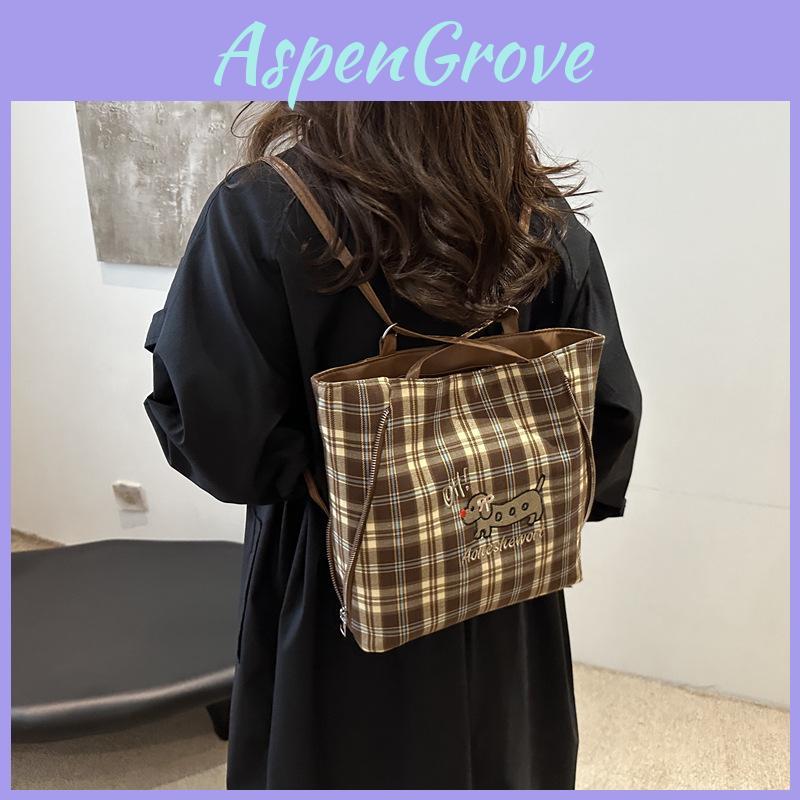 Stylish High-quality Tote Bag For Women In Trendy Plaid Design With Cartoon Dog Print