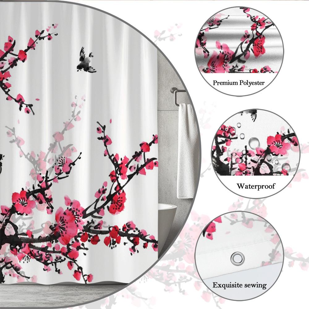Chinese Ink Plum Blossom Shower Curtain Red Flowers Birds Artistic Design Eastern Aesthetic Decor Waterproof Quick Setup