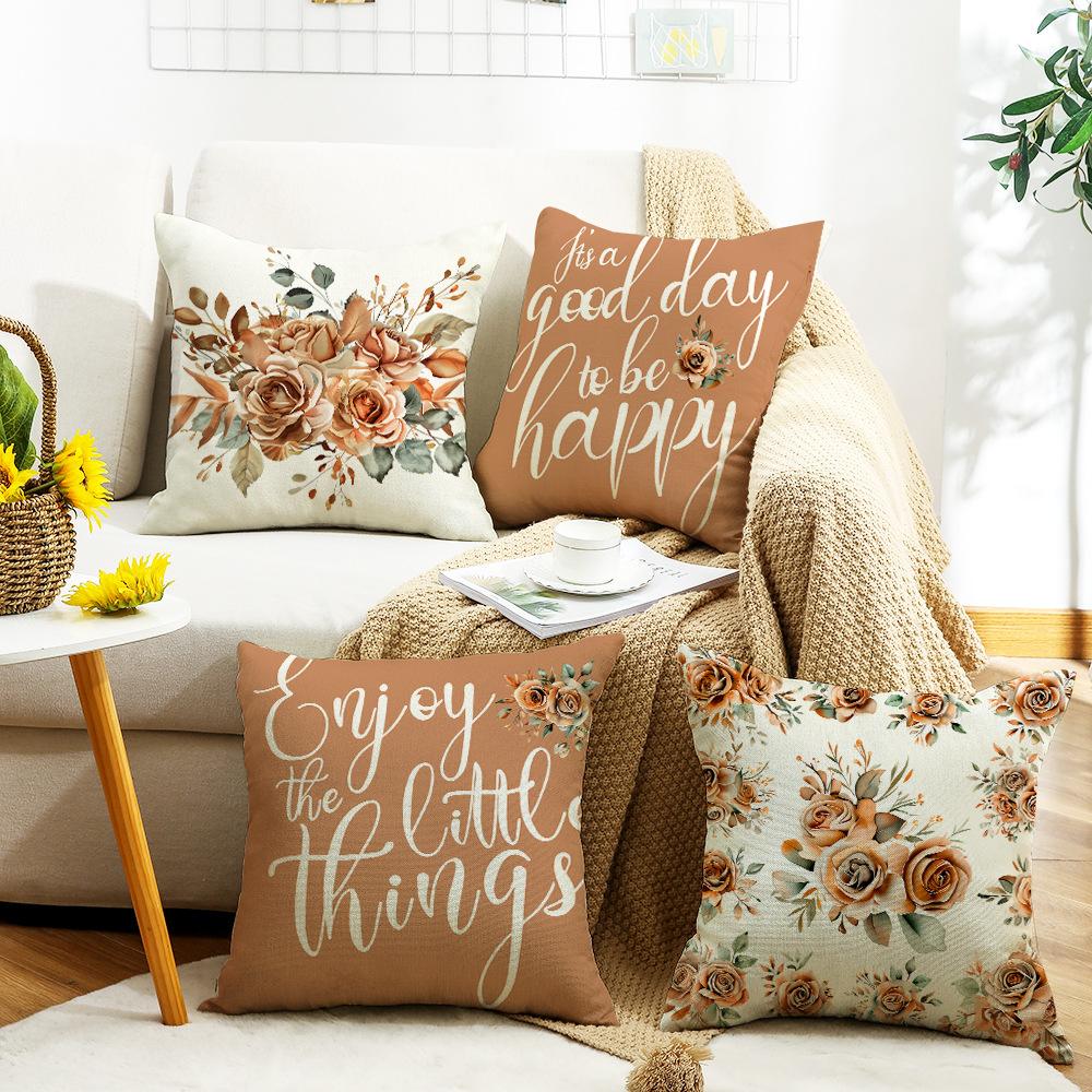 New Autumn Thanksgiving Home Sofa Cushion Cover Letter Printed Linen Flowers Warm Colors