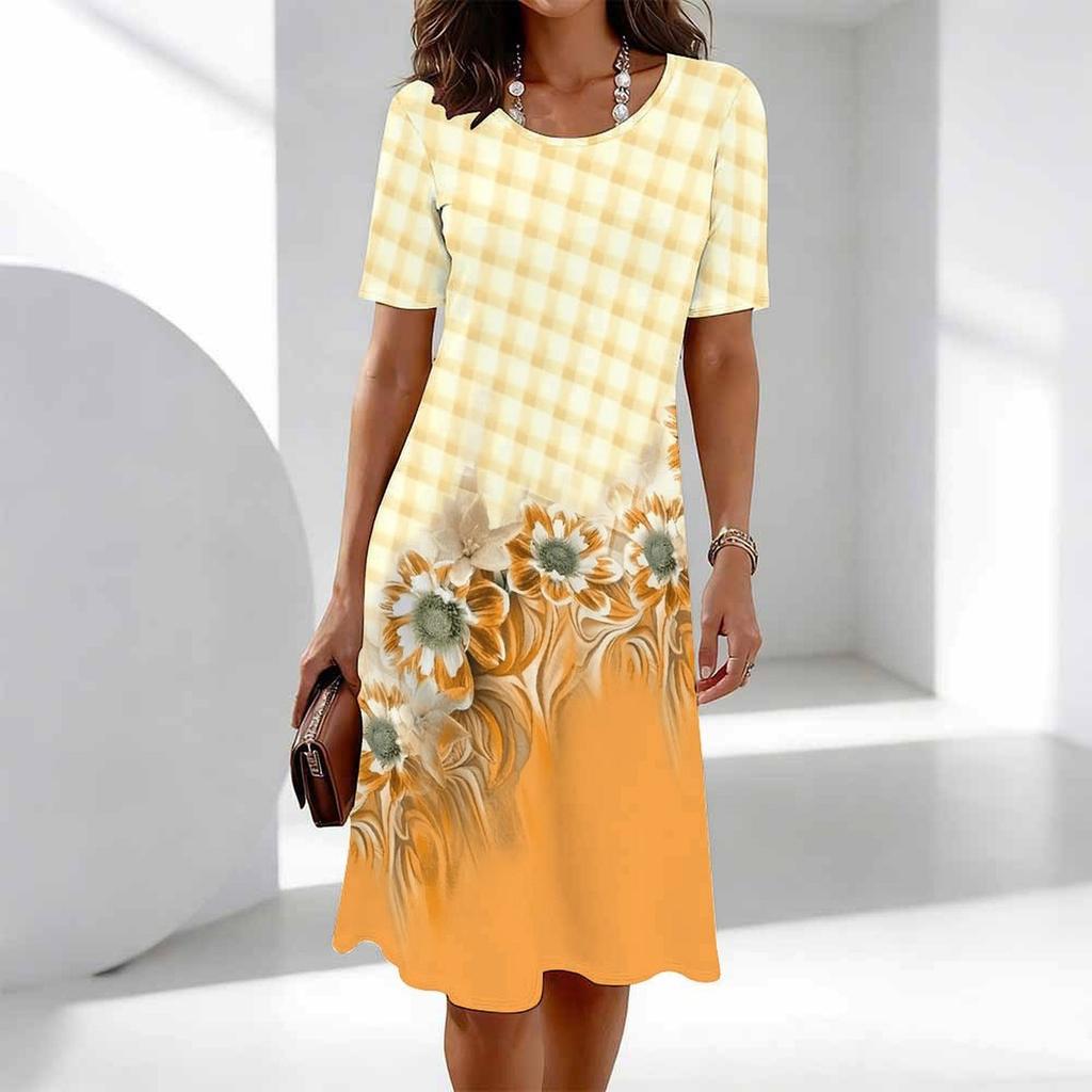 Women's Fashion Graceful Beautiful  Flowers and Lines Print Summer Spring Short Sleeve O-Neck Casual Dresses