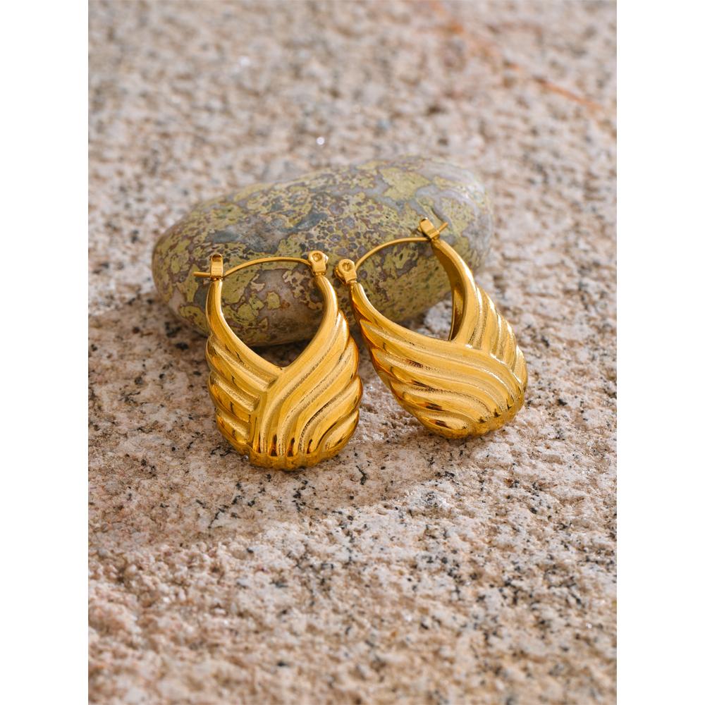 Eetit Statement Stainless Steel Striped Hollow Geometric Hoop Earrings 18K Golden Plated Texture Daily Jewelry Waterproof