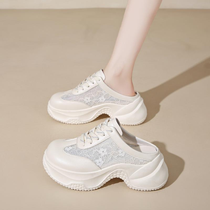 CRLAYDK Mules for Women House Wedge Slip On Slippers Lace Backless Walking Loafers Height Increase Casual Ladies Slide Shoes