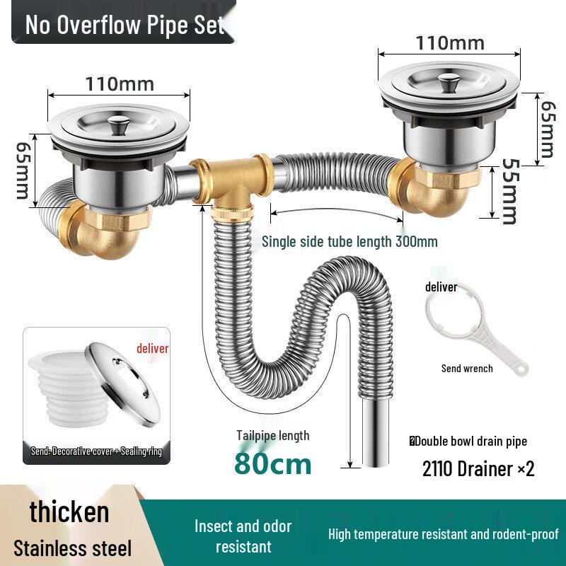 Stainless Steel Double Sink Drain Pipe Kit