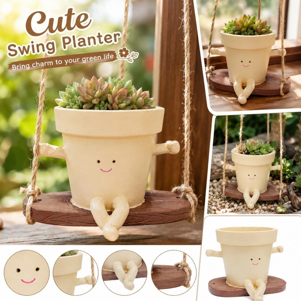 Creative Swing Flower Pot with Sitting Character Design Decorative Planter for Indoor Outdoor Garden Home Office Use Unique Craft Flowerpot
