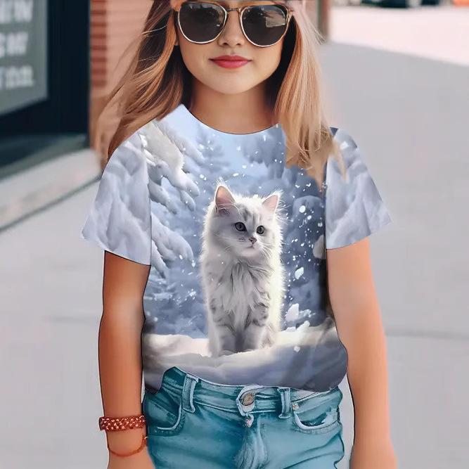 Summer Round Neck 3D Printed Top Fashionable Casual Short Sleeved Children's Girl T-shirts