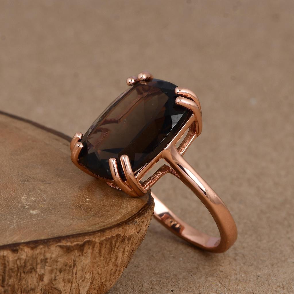 Attraktiver Rosegold Smoky Quarz Edelsteinring, 925 Silber Krappenfassung Ring, Handgefertigter Schmuck Für Frauen, Trendig Als Geschenk, Jahrestag Geschenk Für Frau
