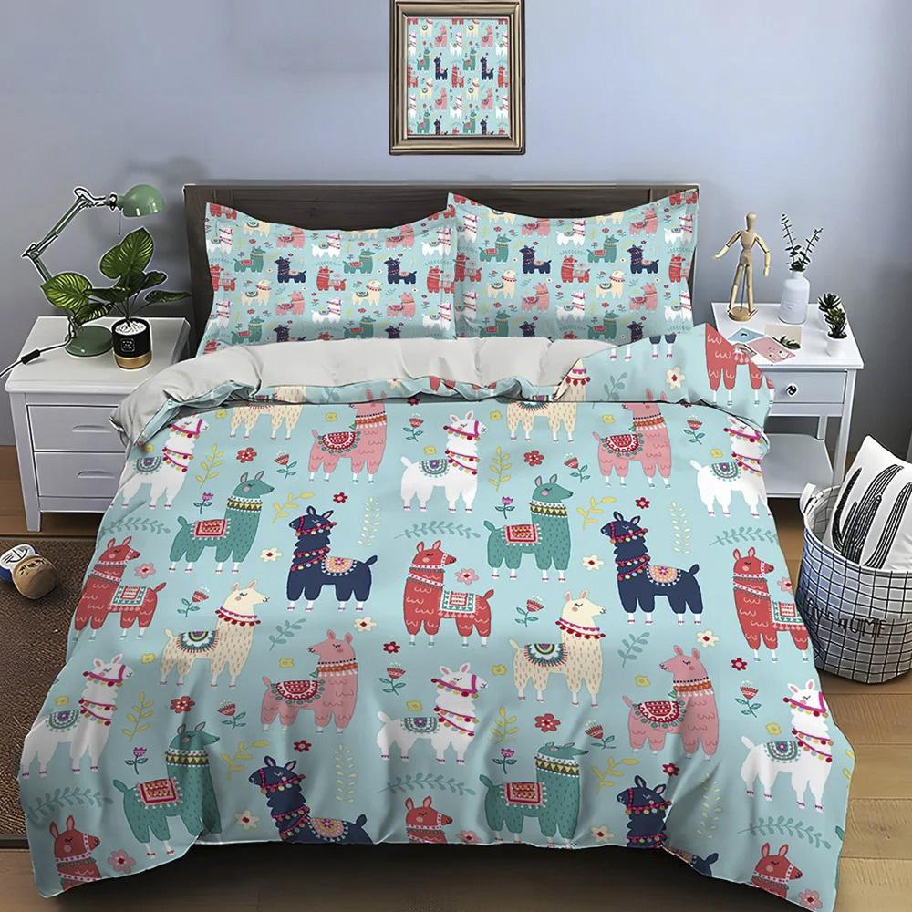 Cute Cartoon Llama Alpaca Print Bedding Set Duvet Cover 1 Duvet Cover 2 Pillowcases Adult And Children Bedding Set Luxury Gifts