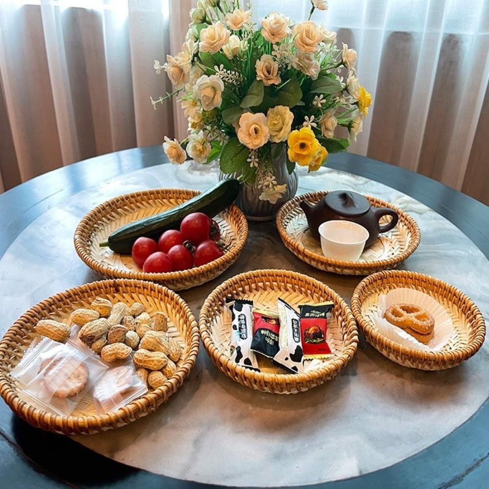 Multi-purpose 5 Sizes Bamboo Fruit Basket Round Shape Handmade Snack Basket Brown Beige Color Tea Snack Tray