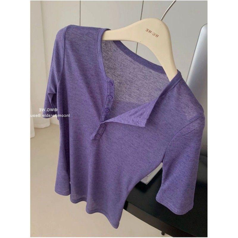 

Purple Henley Neck Half-sleeve Top Women s Lightweight Casual Loose Fit Blouse S фіолетовий