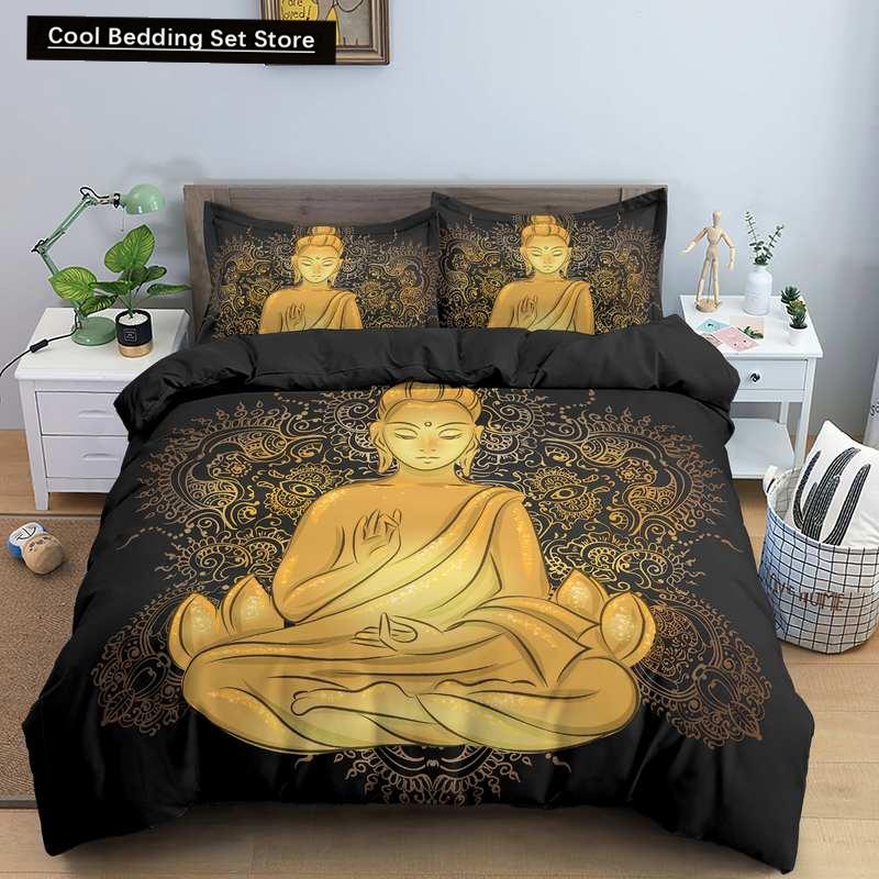Set Letto Buddha Religione Indiana Buddismo Meditazione Mandala Copripiumino Sorriso Buddha Floreale Morbido Copripiumino Queen King Size