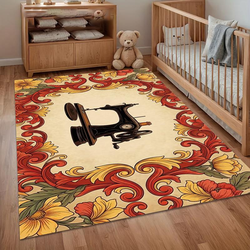 

Vintage Sewing Machine Floral Scroll Area Rug Non Slip Floor Carpet for Living Room Bedroom Sewing Room Craft Room Nursery Decor 40X60cm