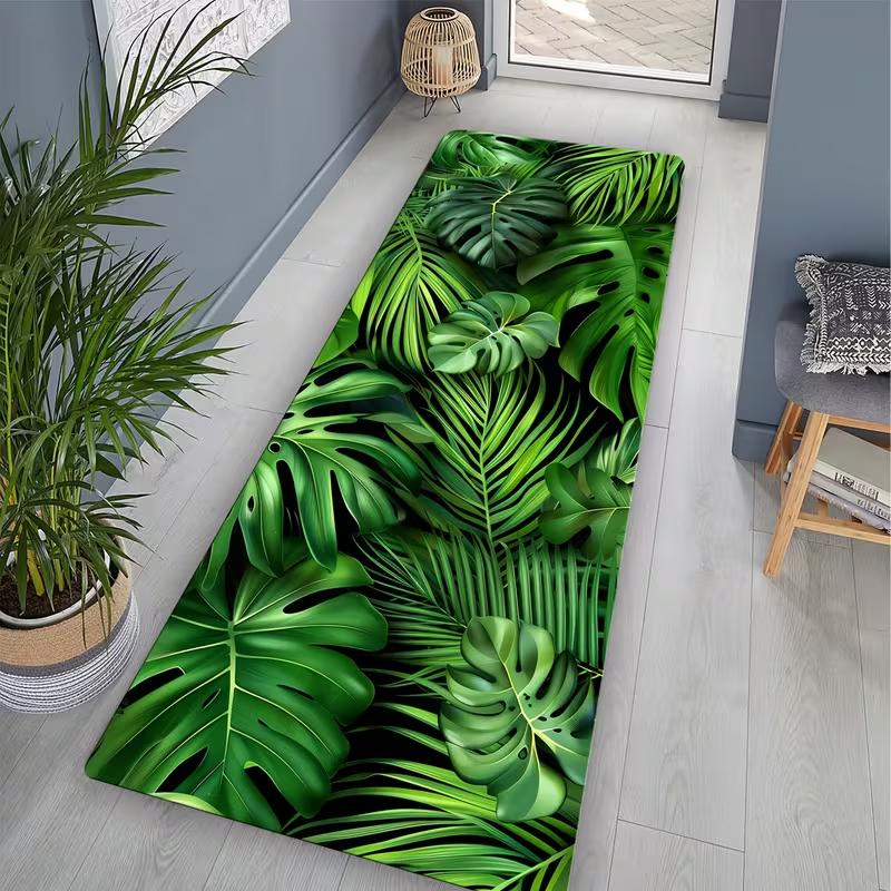 1 Piece of Soft Carpet Anti Slip Floor Mat with Green Leaf Pattern Suitable for Living Room and Kitchen Home Decoration Carpet
