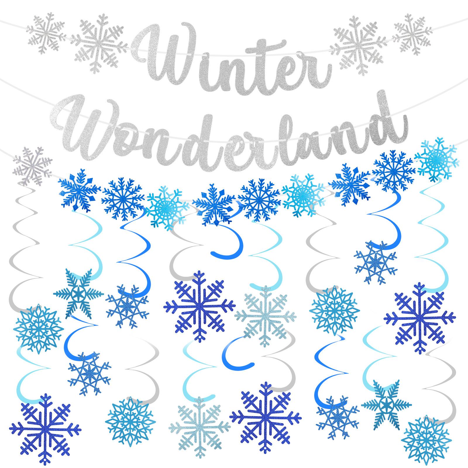 3Pcs Winter Wonderland Banner&Snowflake Hanging Swirl Decor Winter Holiday Garland Snowflake Streamers For Christmas Holiday/New синий