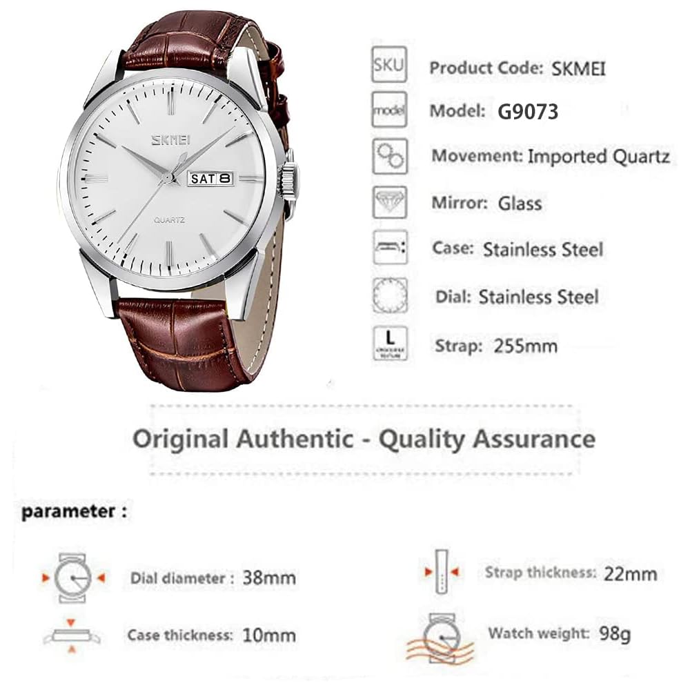Men's Classic Brown Leather Strap Watch Waterproof Quartz Analog Casual Simple Date Day Lightweight Silver