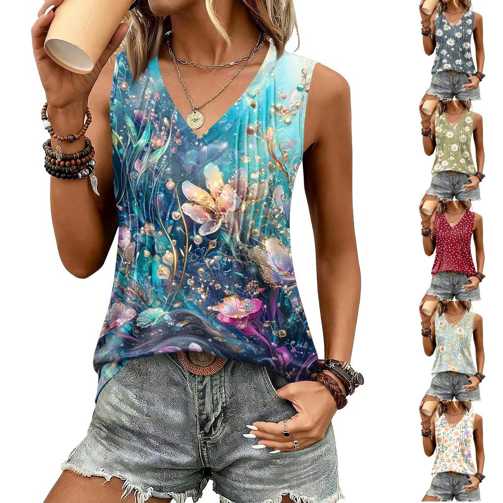 Damen Locker geschnittenes ärmelloses Tanktop mit V-Ausschnitt und plissiertem Blumendruck, lässige leichte Sommerweste, Hemdbluse