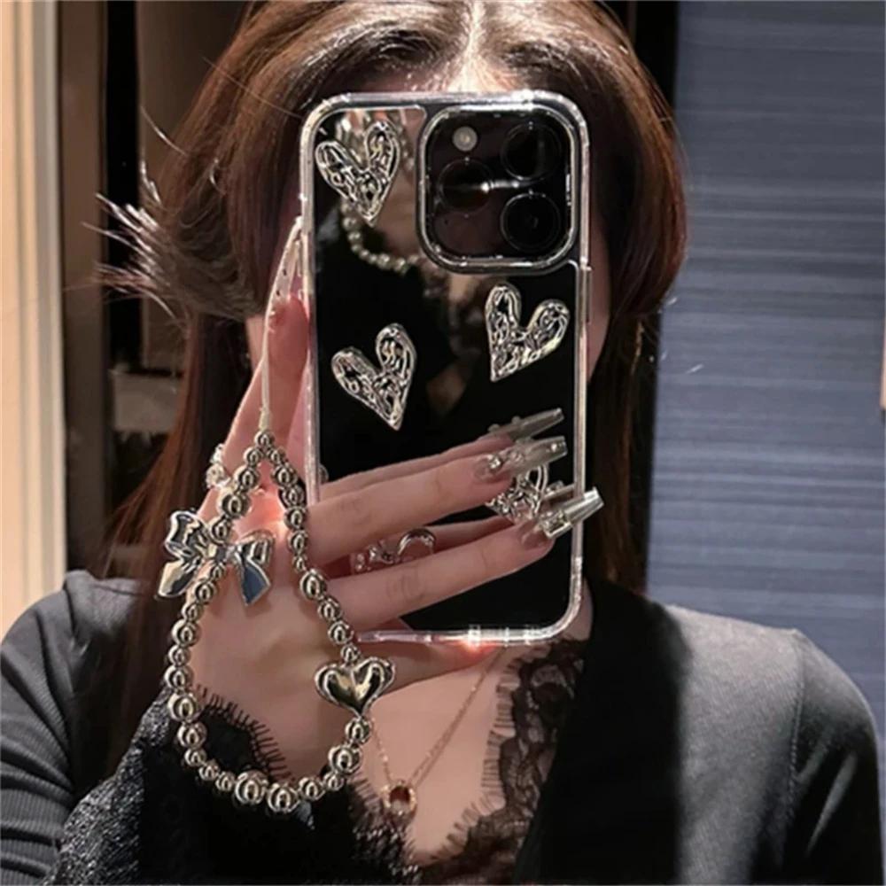 Stylish Korea Cute 3D Love Heart Bralet Phone Case For iPhone 17 Air 16 15 13 11 12 Pro Max 14 Plus Silvery Mirror Girl Cover