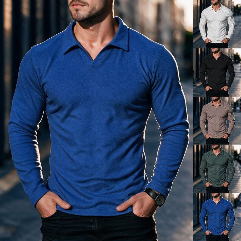 Men's Long Sleeve Polo Sweatshirt, Solid Color Athletic Casual Top, Polyester Spandex Blend