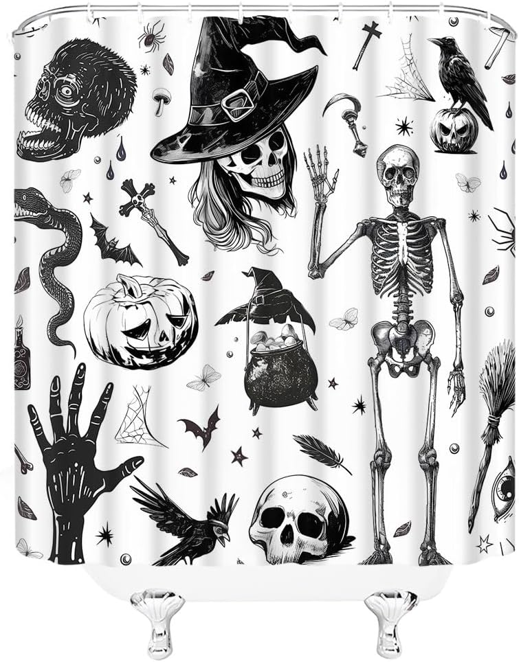 Happy Halloween Shower Curtain Gothic Skull Spooky Pumpkin Witchy Magic Witch Creepy Horror Skeleton Witchcraft Scary Cute