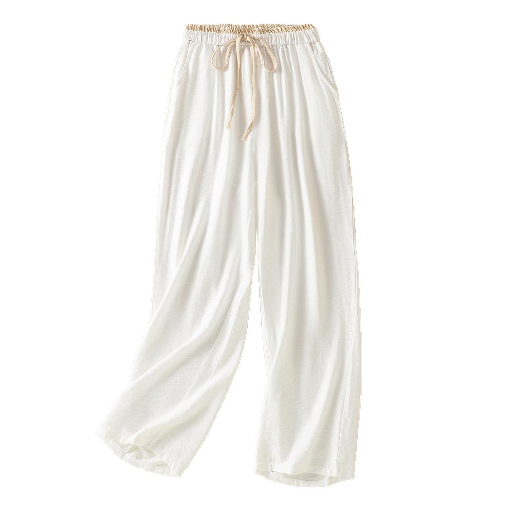 2025 Summer New Light and Breathable Solid Color Cotton and Linen Straight Pants Women's Literary and Artistic Style Drawstring Elastic Waist Casual