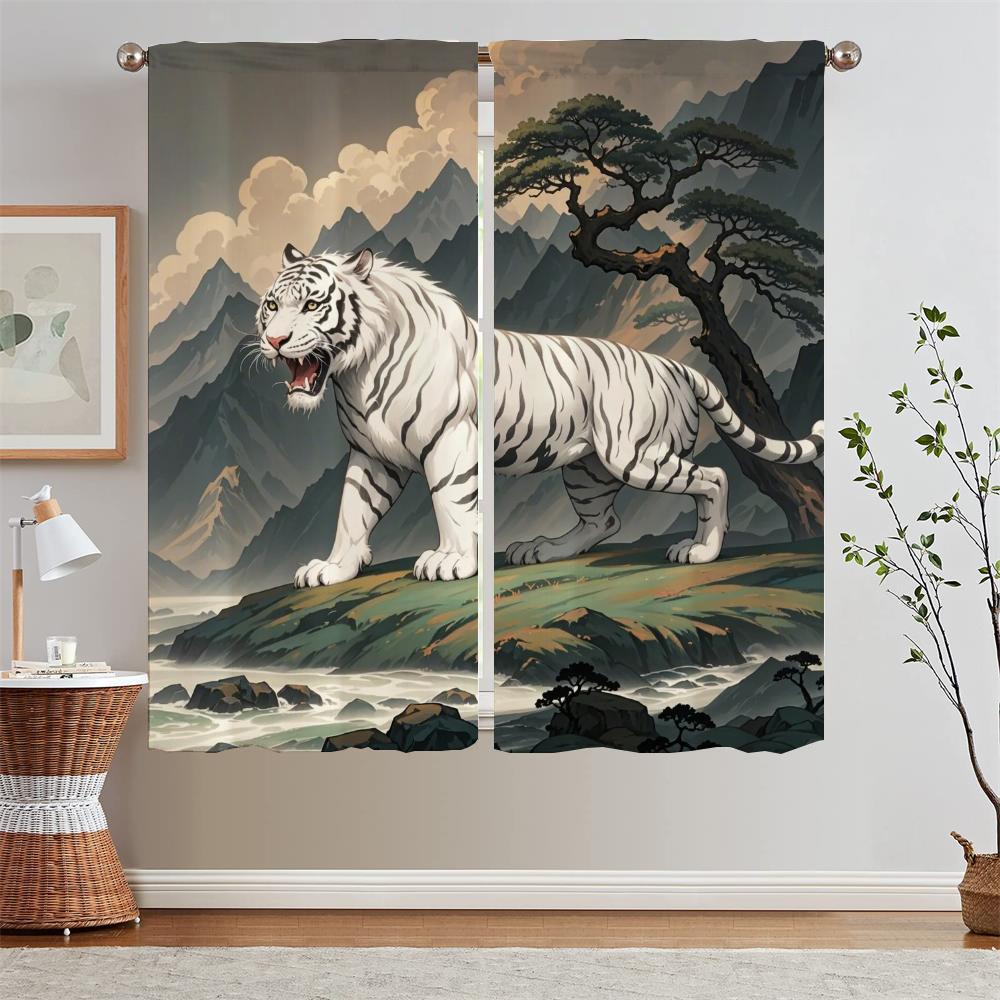 White Tiger Mountain Sea Classics Curtains for Kitchen Curtains 2 Pieces Window Partition Fabric Curtain for Children's Room