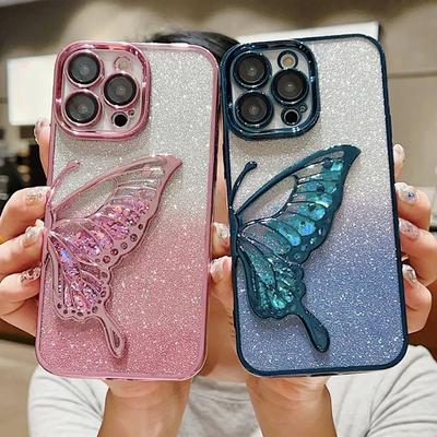 3D Butterfly Glitter Phone Case For iPhone 16 15 14 Plus 13 12 11 Pro Max Electroplated Silicone Soft TPU Shockproof Back Cover