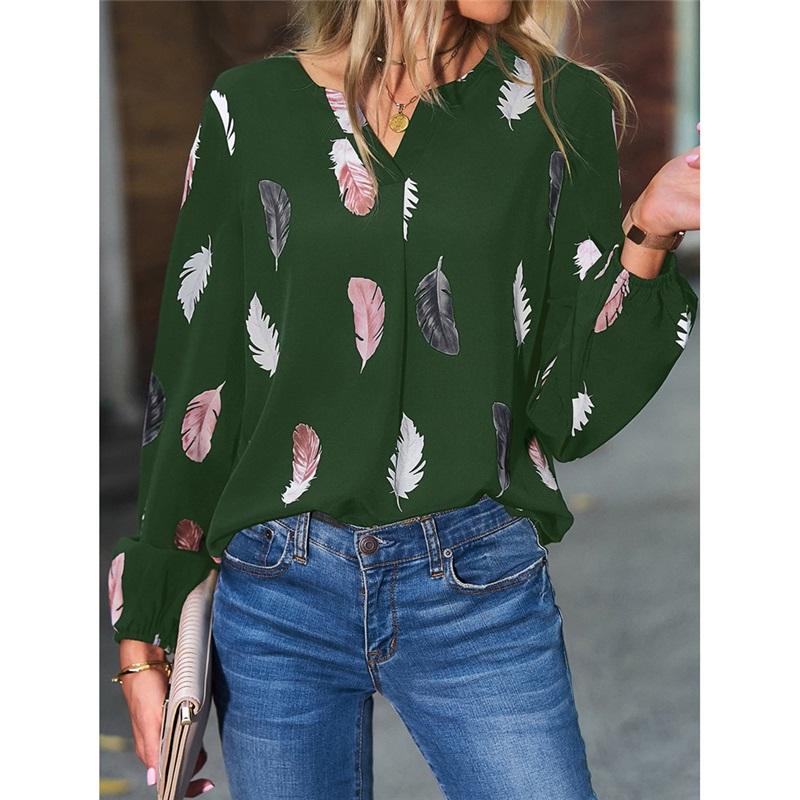 New European And American Women's V-neck Feather Print Long-sleeved Loose T-shirt Large Size Casual All-match Top