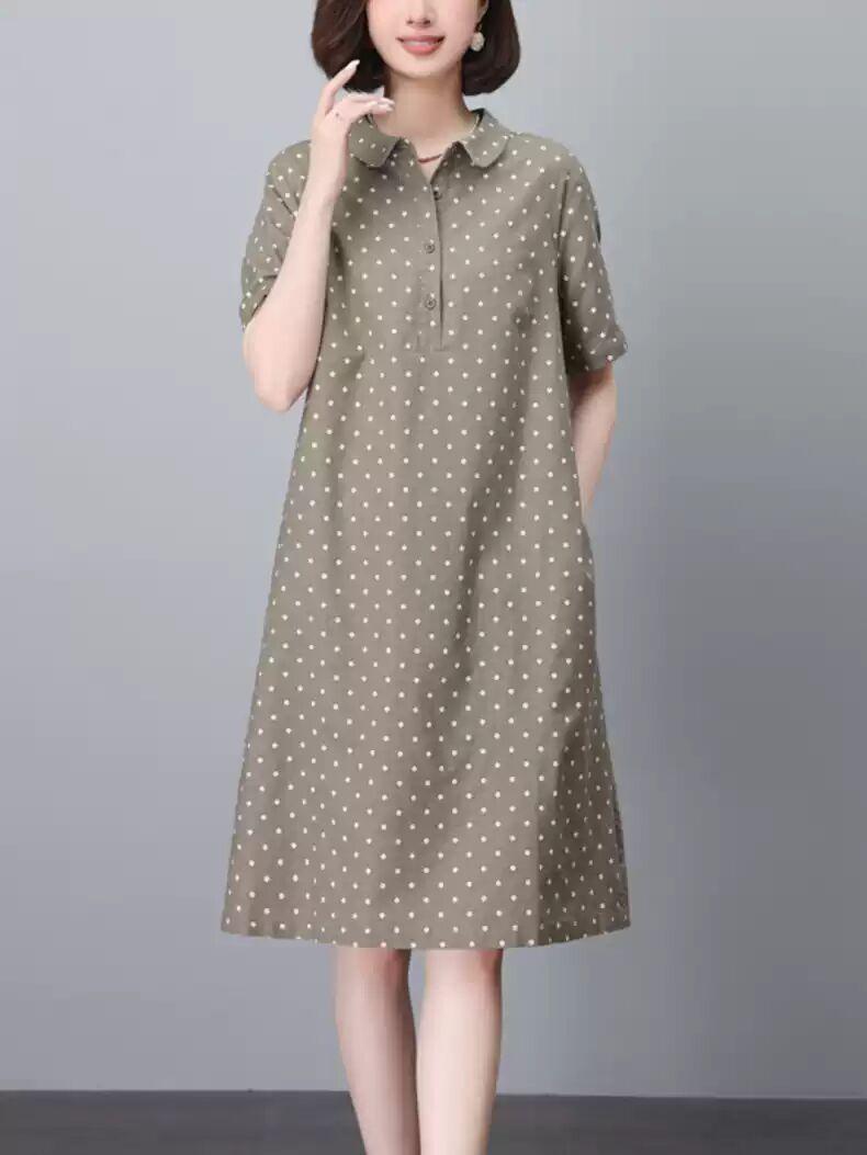 

2025 лето новое свободное повседневное платье из хлопка и льна в горошек для женщин с тонким темпераментом и юбкой-рубашкой M зеленые хаки