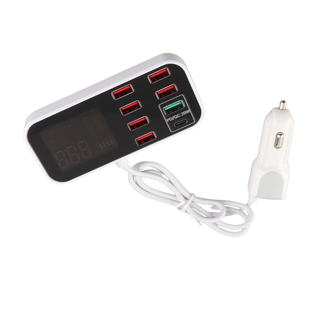40W Multiple USB Car Charging Station 8 Ports USB Car Display Charger Adapter QC3.0 and Type C PD Car Charger Adapter