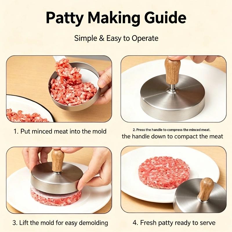 Stainless Steel Hamburger Patty Press Anti Slip Wooden Handle Nonstick Surface For Home Kitchen Bbq Homemade Burgers