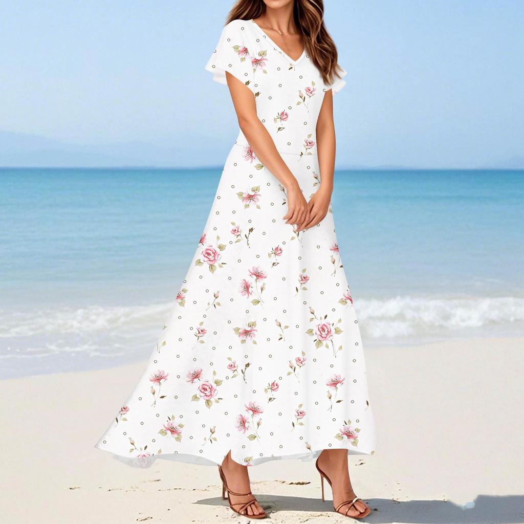Women's Summer Casual Fashion Print Dresses V-Neck Short Sleeve Dresses