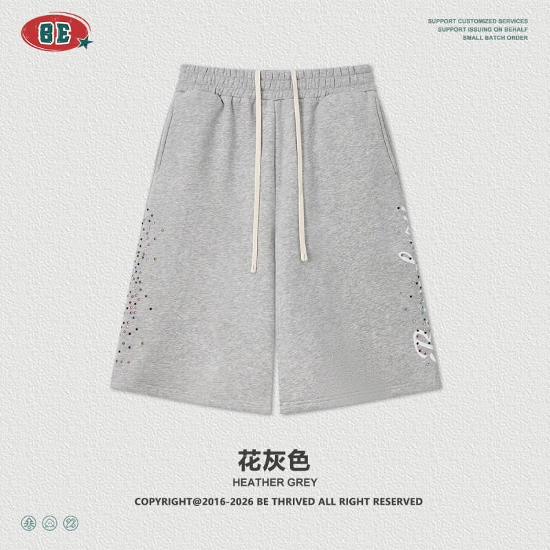 BE Mens Retro Streetwear Heavyweight Baggy 6-Point Shorts With Rhinestone Side Print