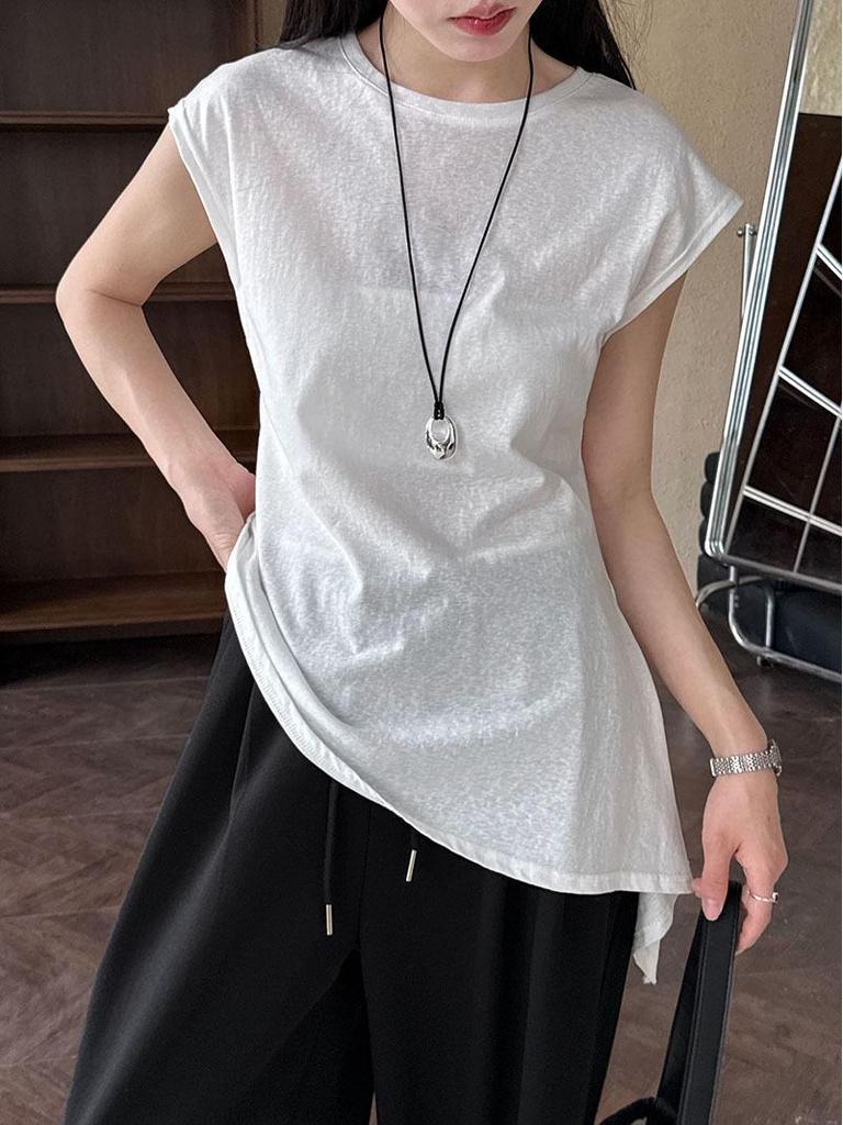 LUXI Koreanisches Schlank geschnittenes Kurzarm-T-Shirt mit Schnürung und unregelmäßigem Saum für Damen