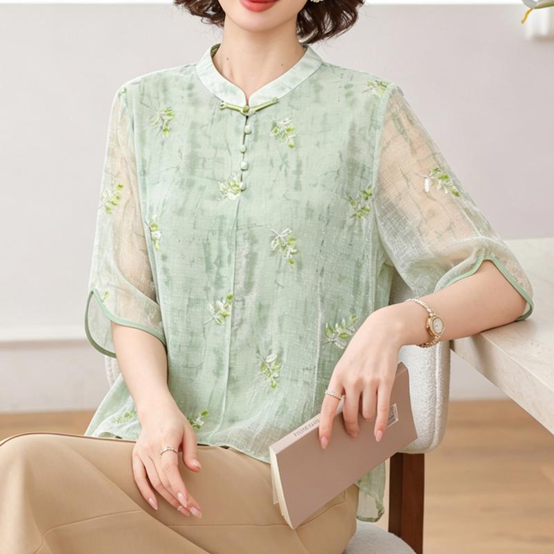 Yuzhaolin Elegant Print Stand Collar Summer Top 2XL зелёный