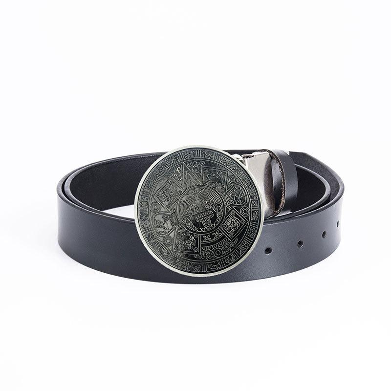 Glossy Whole Cowhide Belt, Zinc Alloy Ancient Tin Aztec Calendar Belt, Retro Large Size Pure Leather Belt.