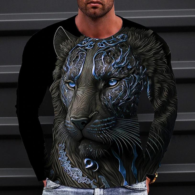 Trendy 3D Wolf Print Long Sleeve T-Shirt, Casual Men's Top