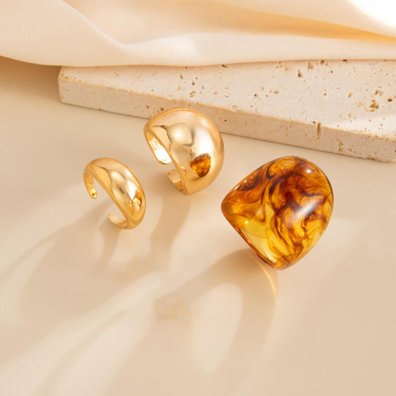 3pcs Geometric Wide Face Resin Opening Rings for Women Men Smooth Round Chunky Metal Joint Rings Set Banquet Jewelry Accessories