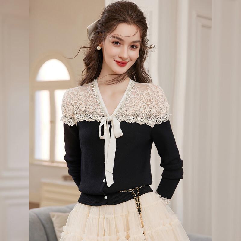 Cardigan lavorato a maglia da donna Bailuyu con pizzo applicato e cintura da annodare