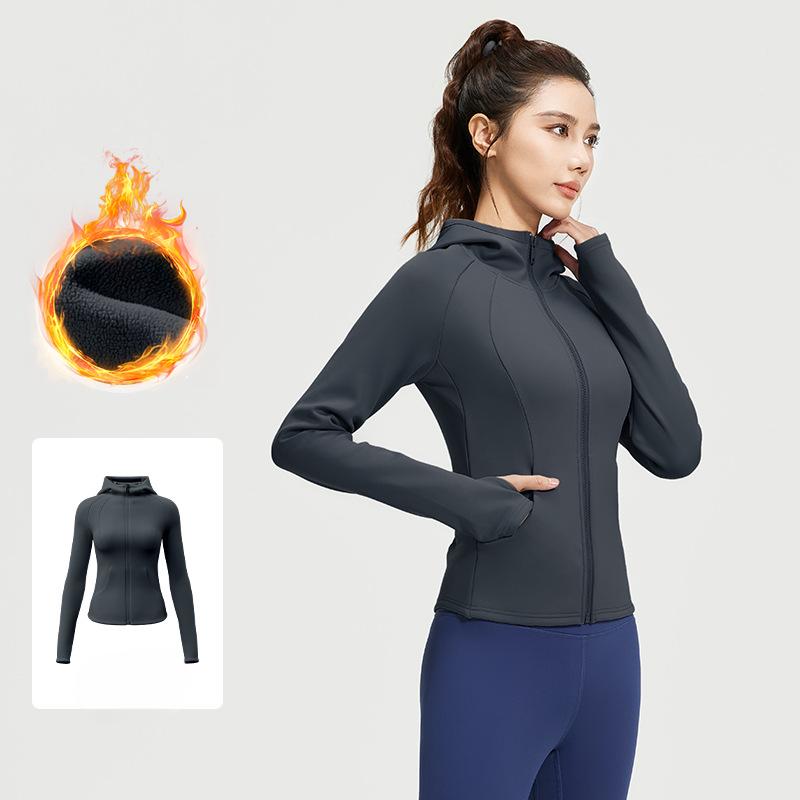 Autumn and Winter Plus Velvet Sports Jacket, Warm, Slim Waist, Women's Fitness, Hooded, Thickened Yoga Clothes