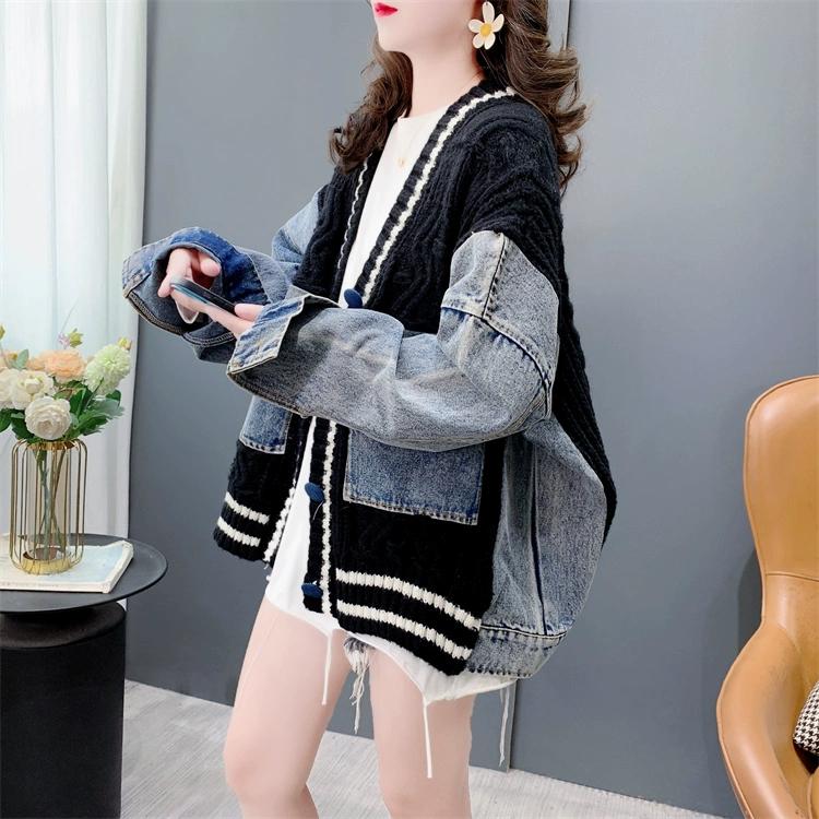 Dimanaf 2025 Winter Coat Women Jacket Sweaters Denim O-Neck Buttons Patchwork Knitting Basic Blue Fashion Loose Sweater