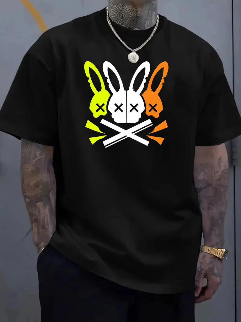 2025 Men's 100_ cotton summer loose fit large Rabbit Skull Graphic printed slim fit casual sports round neck short sleeved