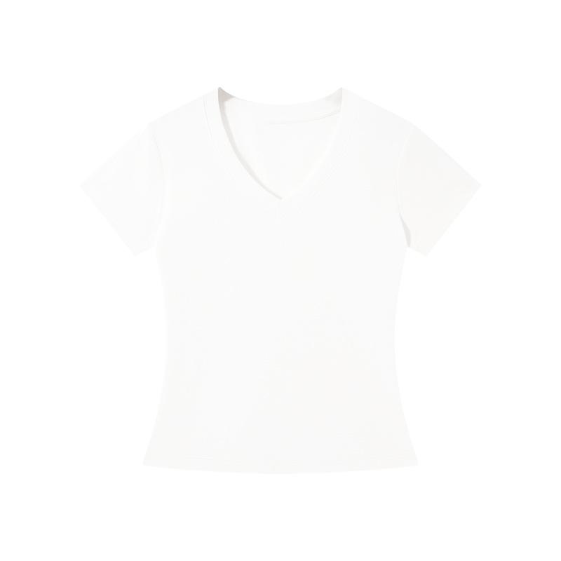 Women s V-Neck White Slimming T-Shirt: Summer 2026, Short Sleeve, Stretchy, Versatile, Trendy. S (40-47.5 kg)