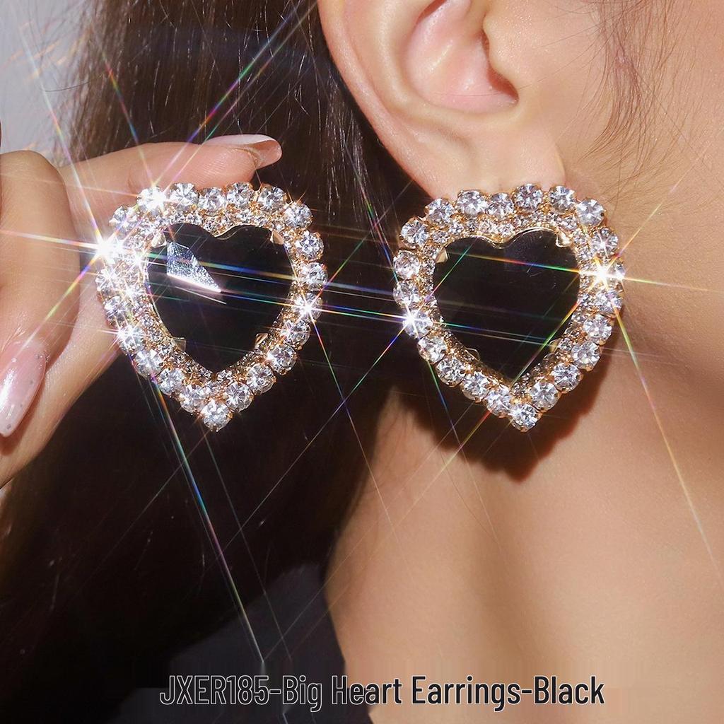 Exaggerated Geometric Heart Crystal Stud Earrings: Pink, Green, Black - Versatile Evening Ear Accessories