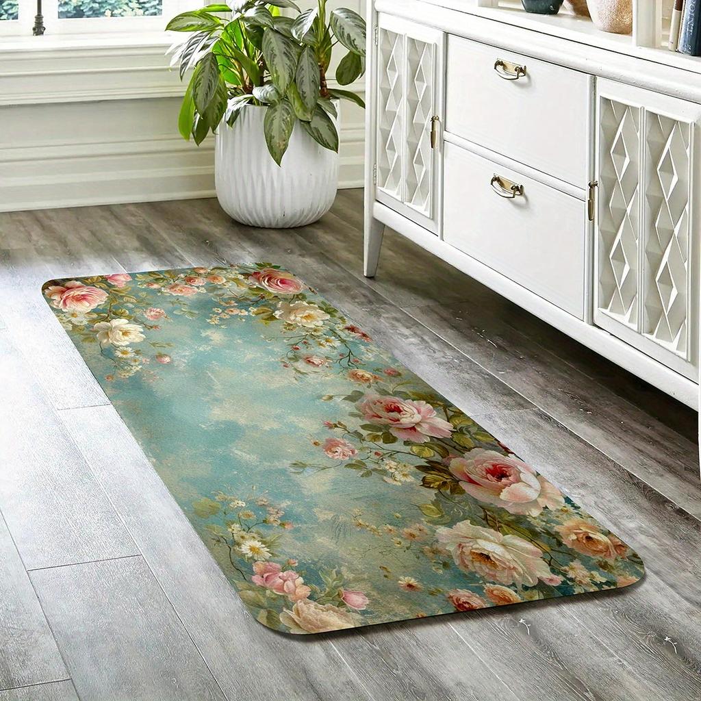 Green Background Pink Flower Printed Non-Slip Floor Mat Absorbent Decorative Rug for Bathroom Shower Doorway Home Decor