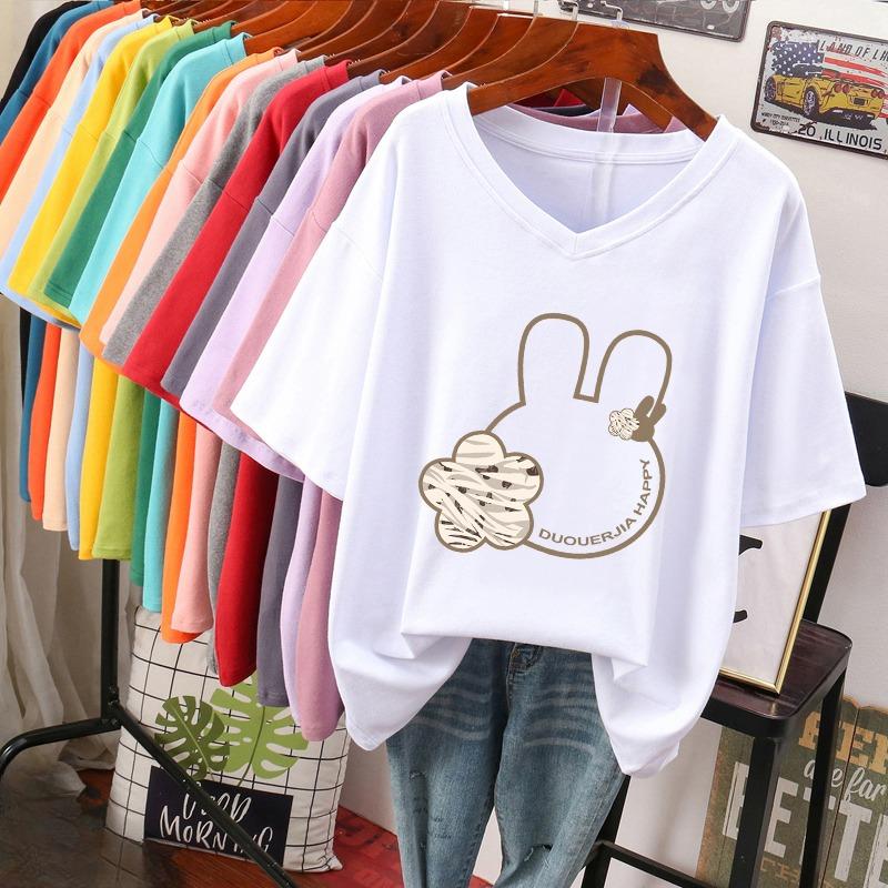 Kurzärmeliges T-Shirt, Locker sitzend, Schlankmachendes bedrucktes V-Ausschnitt-Top für Damen